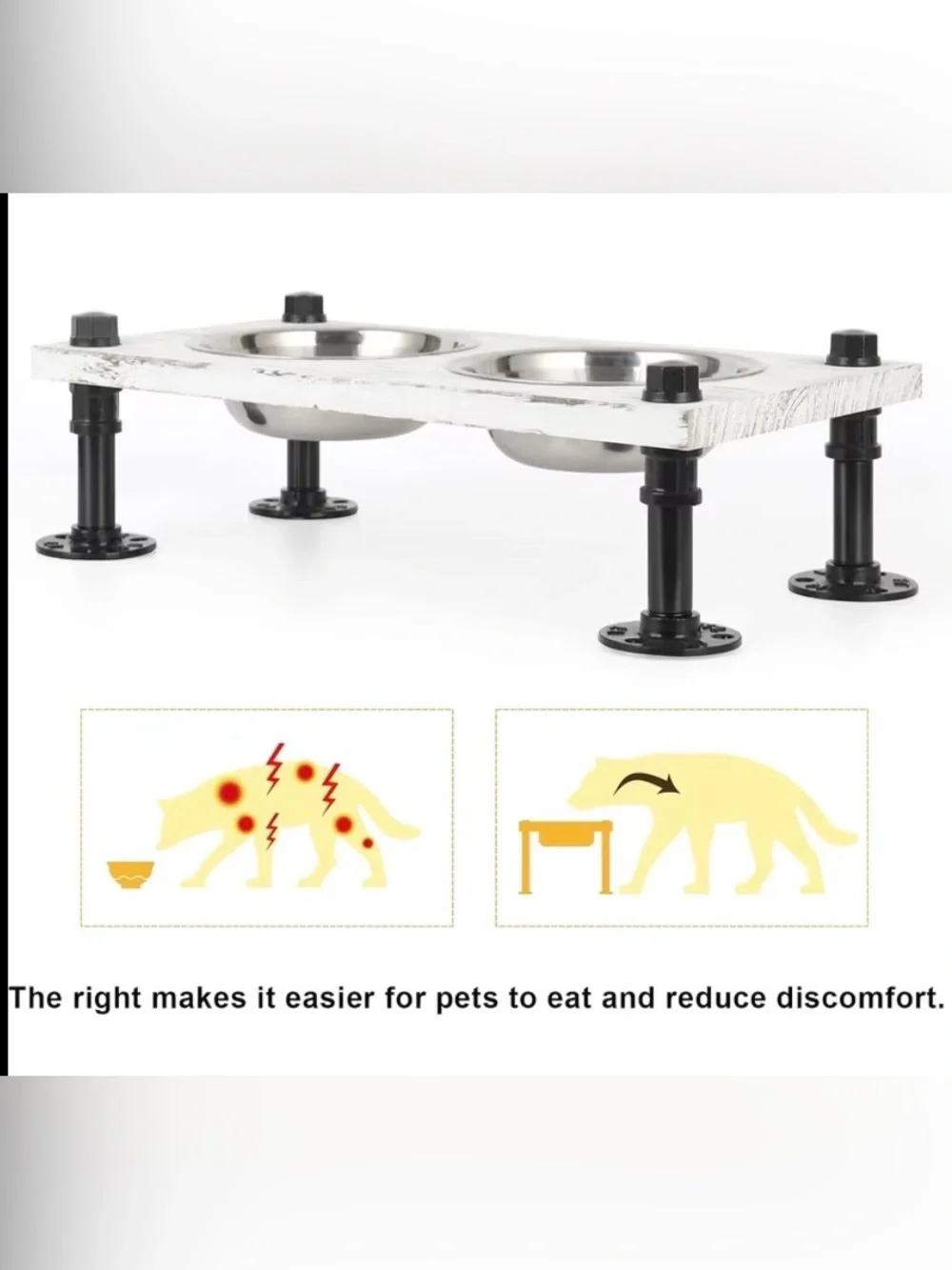 Elevated Pet Dish -Whitewash~Grey W/Black Pipe legs & 2 Stainless Steel bowls 🆕